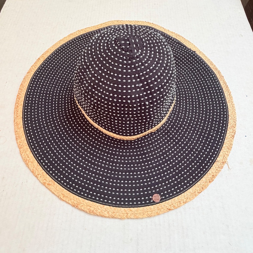 Calia Sun Hat Womens OS Black Polka Dot Wide Brim Straw Trim UPF 50+ Coastal